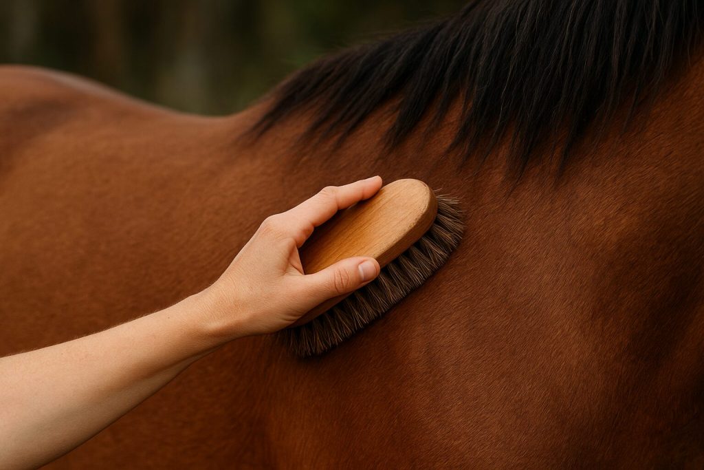 Striegeln eines Pferdes in Nahaufnahme