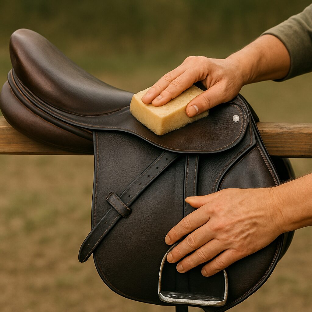 Bild eines Sattels der mit einem Schwamm gereinigt wird